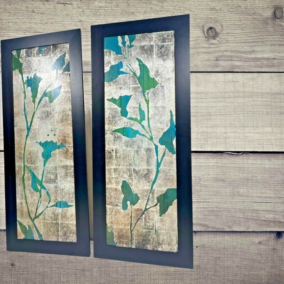 2 Botanical Gardens Green Leaf Foiled Silver Black Framed Wall Art 39"x16" - Picture 3 of 12